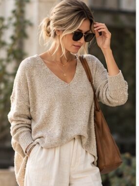 NWT | Koton | Cream Metallic Blend V-Neck Pullover Top | Size Small